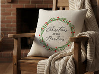 Personalised Family Christmas Cushion - Festive Wreath Design with Family Name