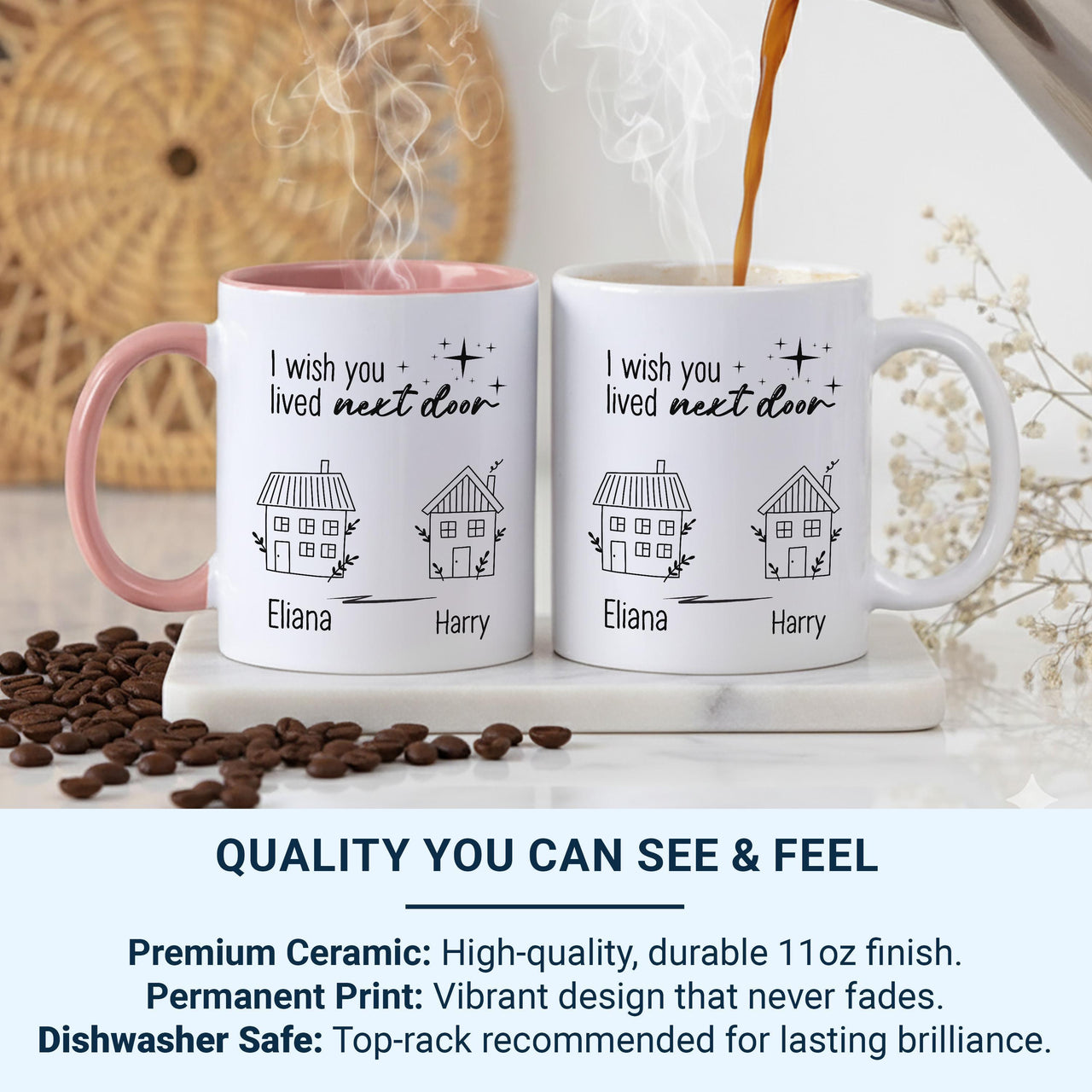 I Wish You Lived Next Door Mug – Personalised Names and Houses – Long_Distance Friendship or Couple Gift and Moving Away Keepsake