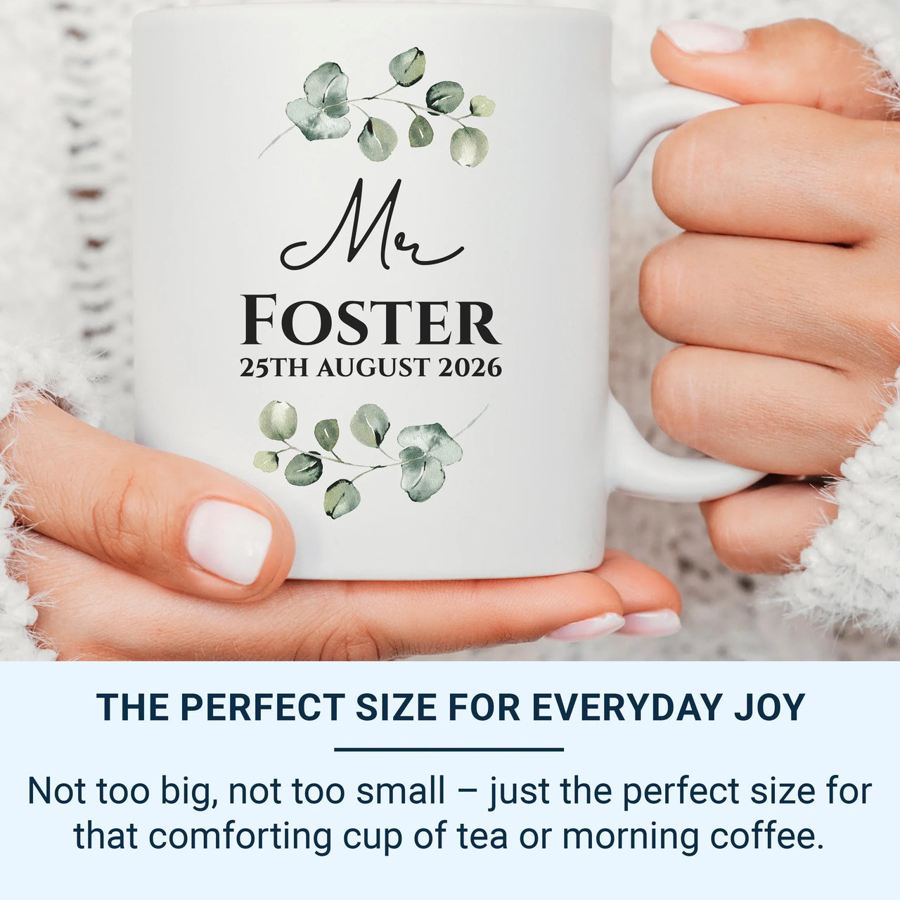 Mr Wedding Date Mug – Personalised Surname and Eucalyptus – Groom Gift, Newlywed Keepsake and Wedding Morning Brew