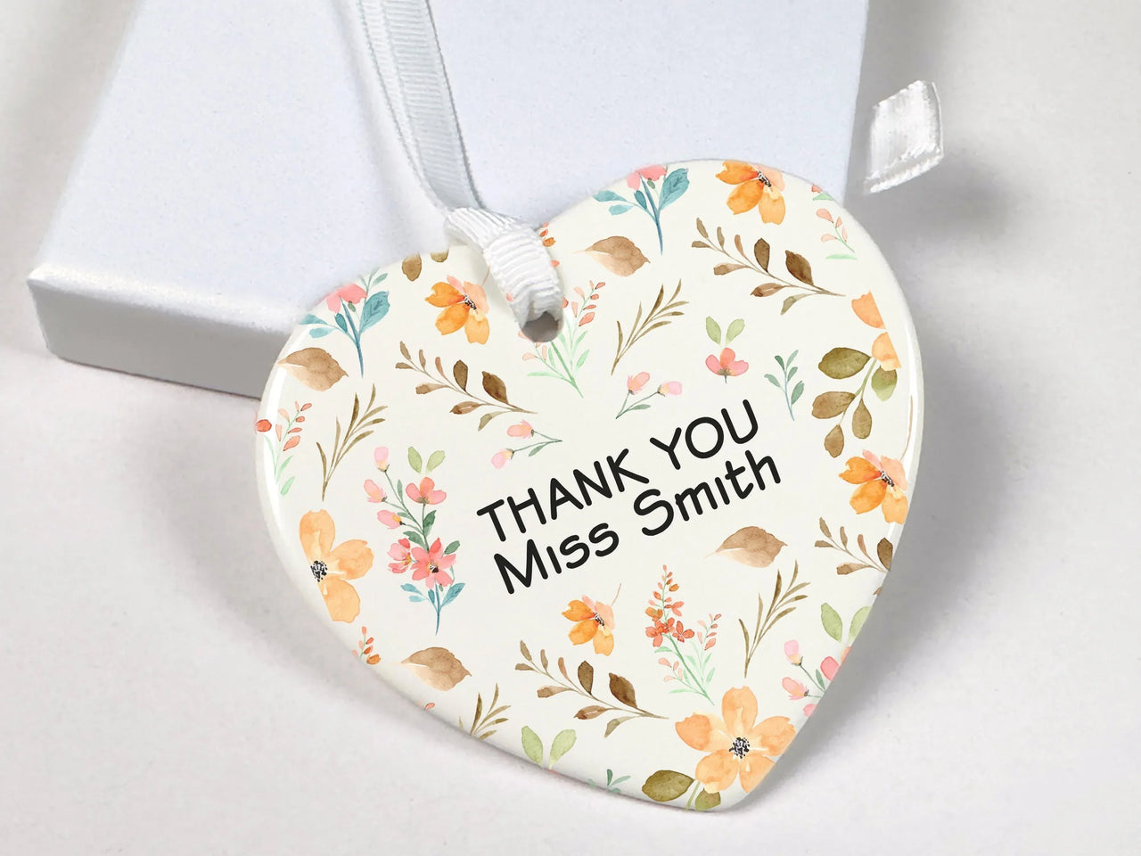 Teacher Heart Ornament - Colourful Floral Thank You Keepsake with Name DENMARY