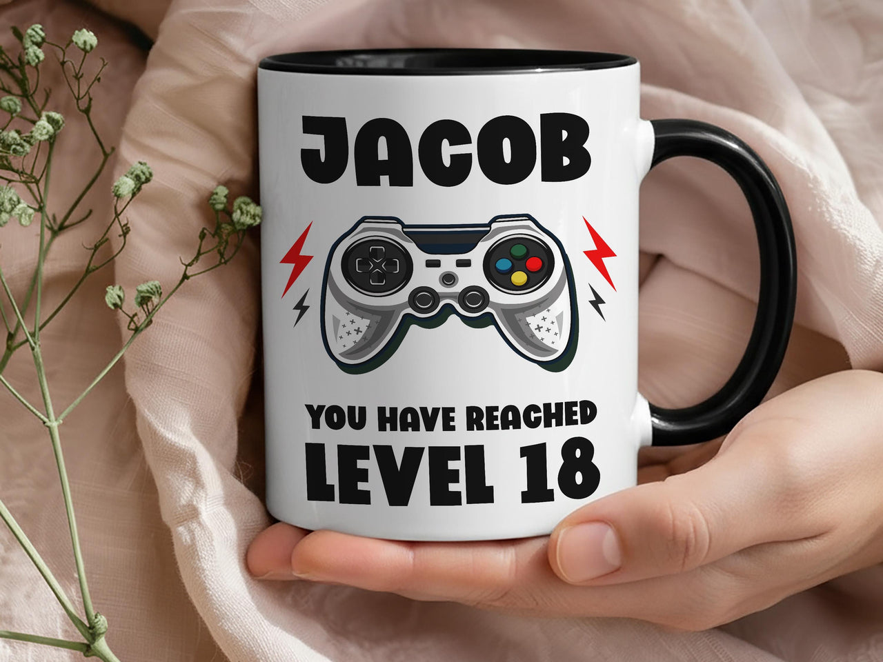 You Have Reached Level 18 Mug - Personalised Gamer Birthday Gift - Custom Name and Age Gaming Design