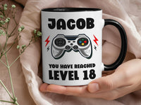 You Have Reached Level 18 Mug - Personalised Gamer Birthday Gift - Custom Name and Age Gaming Design