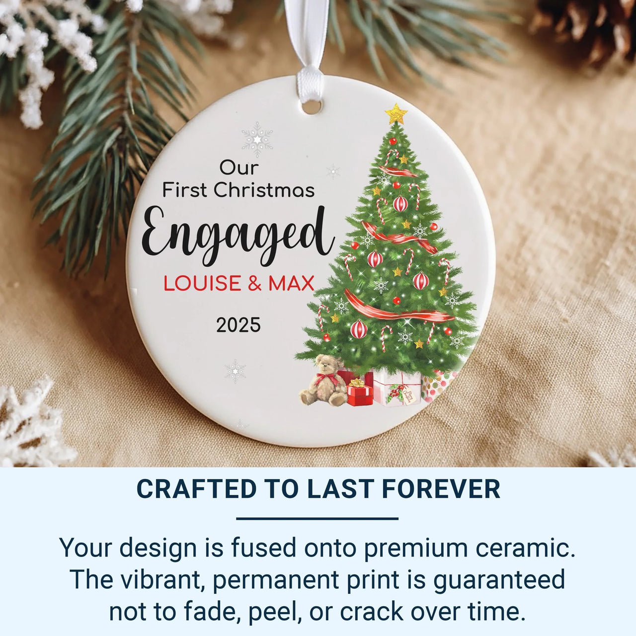 First Christmas Engaged Ornament - Tree & Gifts Keepsake with Names for 2025