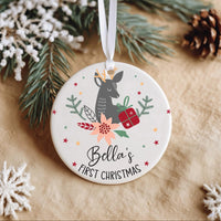 Baby First Christmas Ornament - Deer & Poinsettia Keepsake with Name
