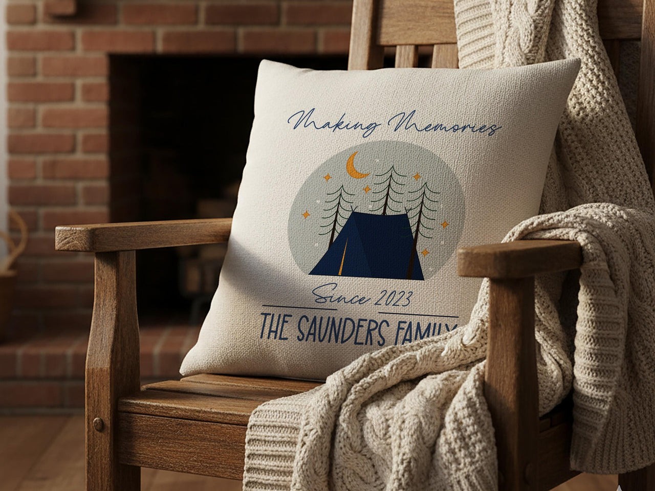 Personalised Family Camping Cushion - Outdoor Adventure Keepsake with Tent & Stars