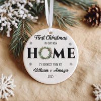 New Home Wreath Ornament - First Christmas Keepsake with Address & Names 2023