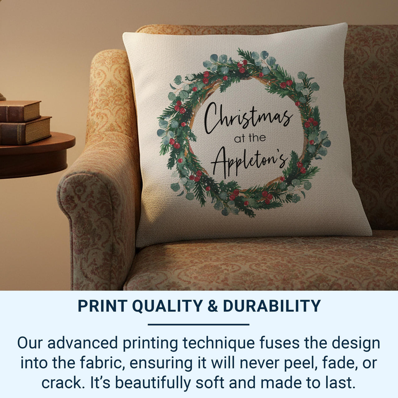 Personalised Christmas at The Family Cushion, Xmas Wreath Cushion Cover, Gift for Friend, Stocking Filler, Best Home Xmas Decoration