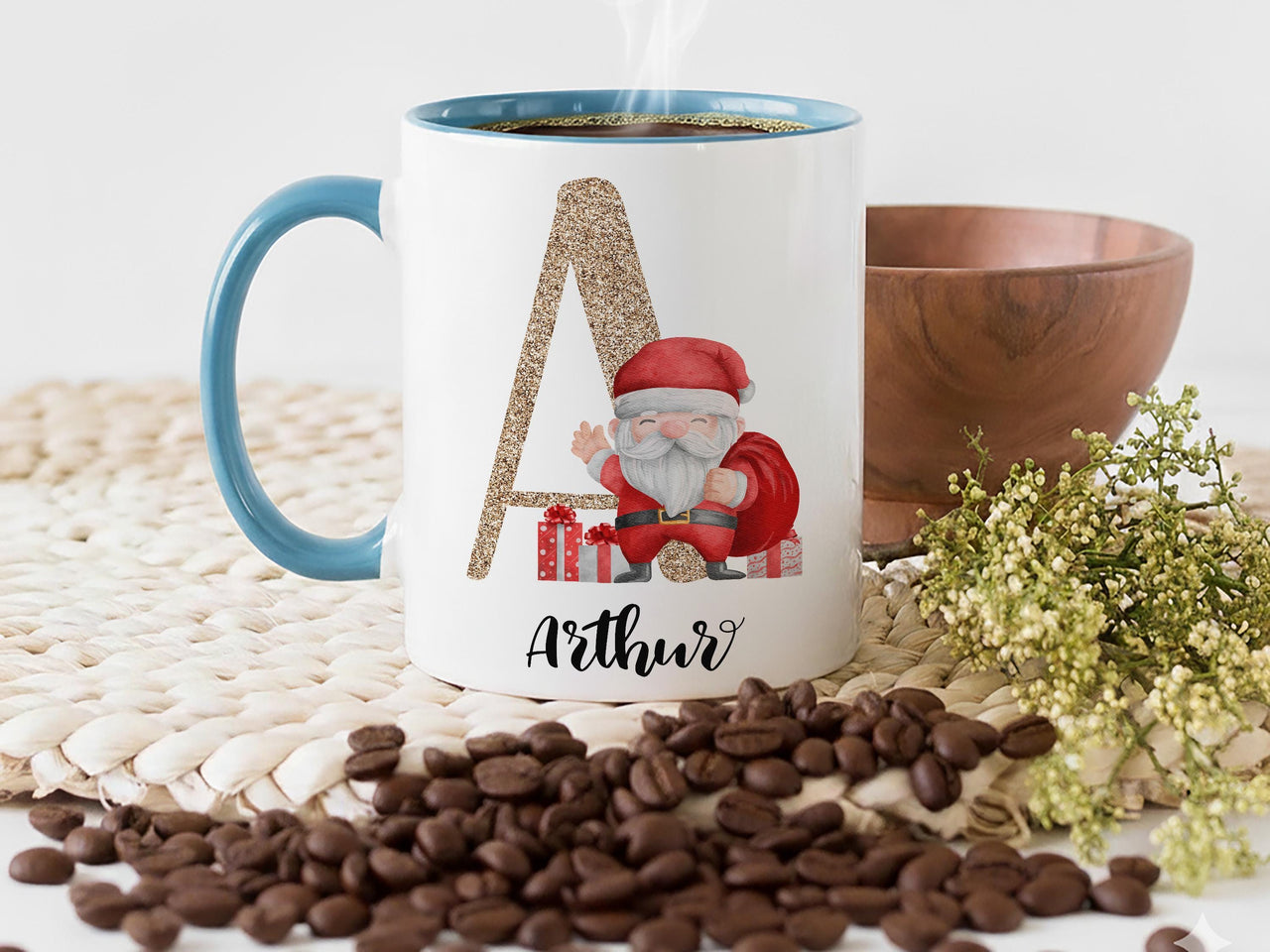 Personalised Santa Mug with Glitter Initial and Name - Christmas Gift for Kids