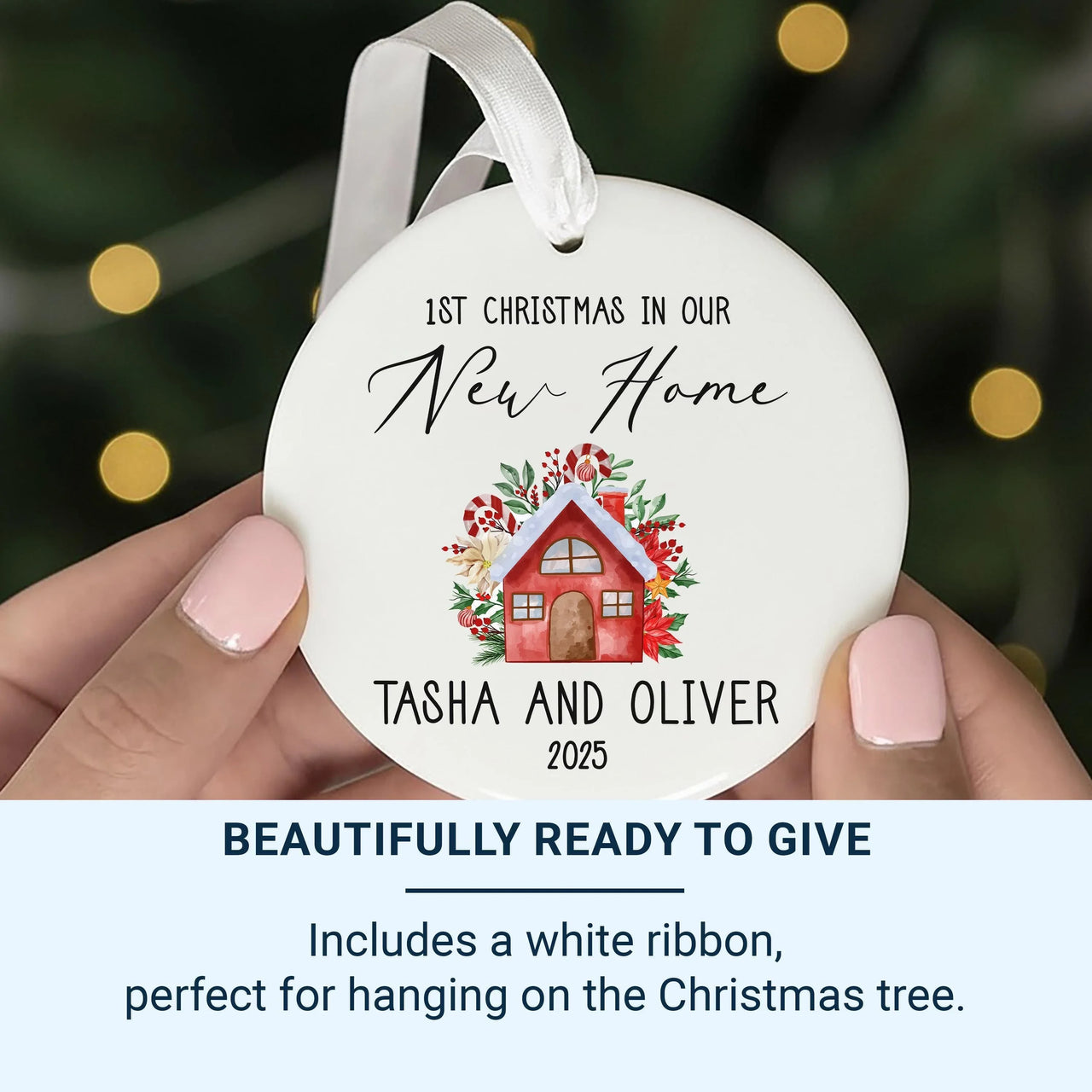 New Home Christmas Ornament 2025 - Red House with Elegant Script & Names