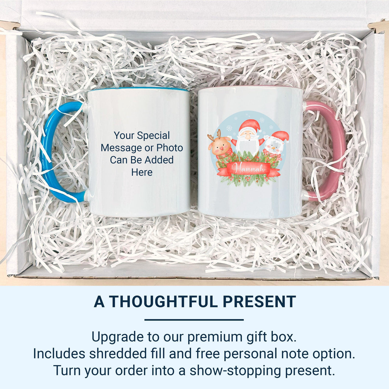 Personalised Christmas Name Mug – Santa, Reindeer and Festive Cat Scene with Ribbon – Family Holiday Morning Keepsake