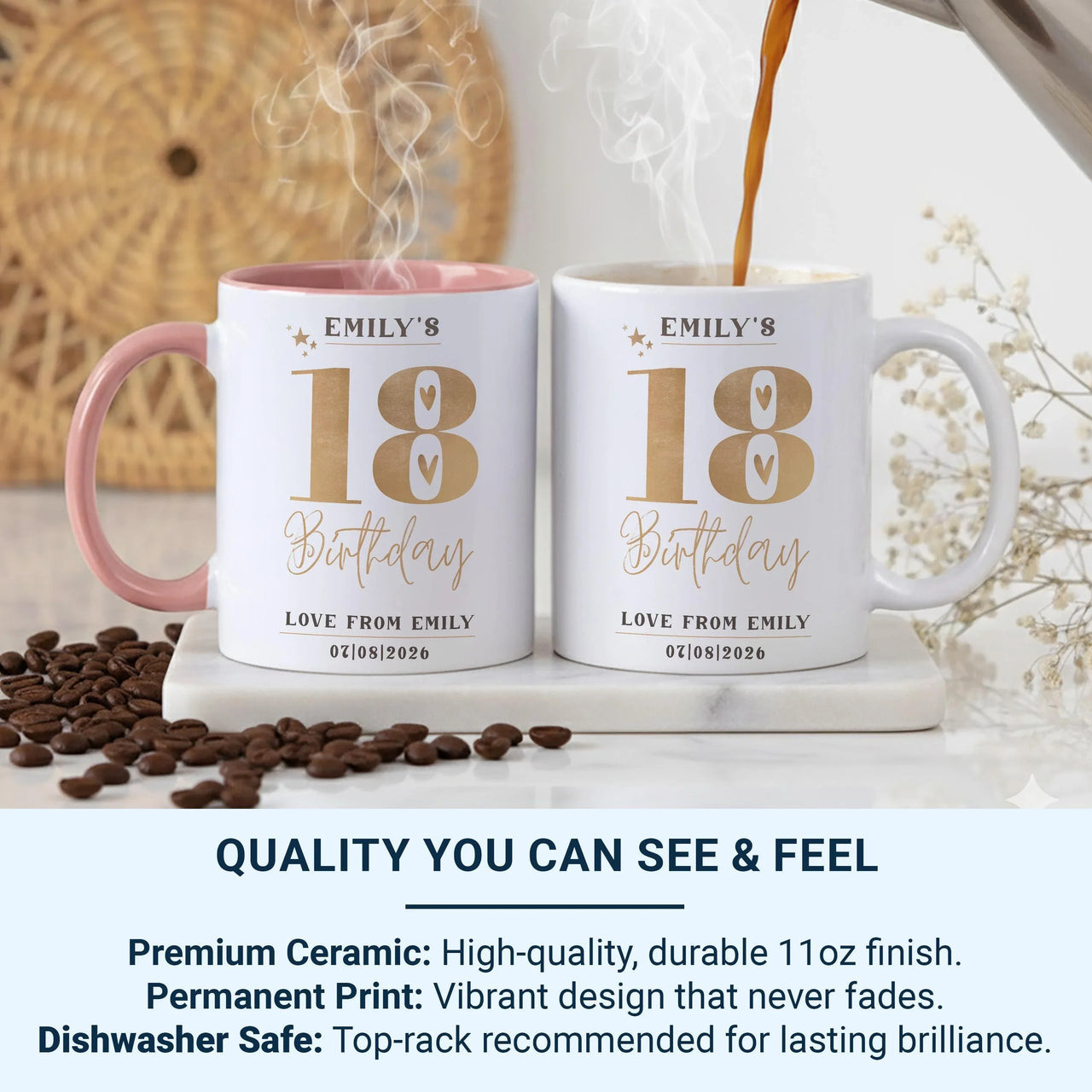 18th Birthday Mug – Personalised Gold Star Design With Name, Date & Message