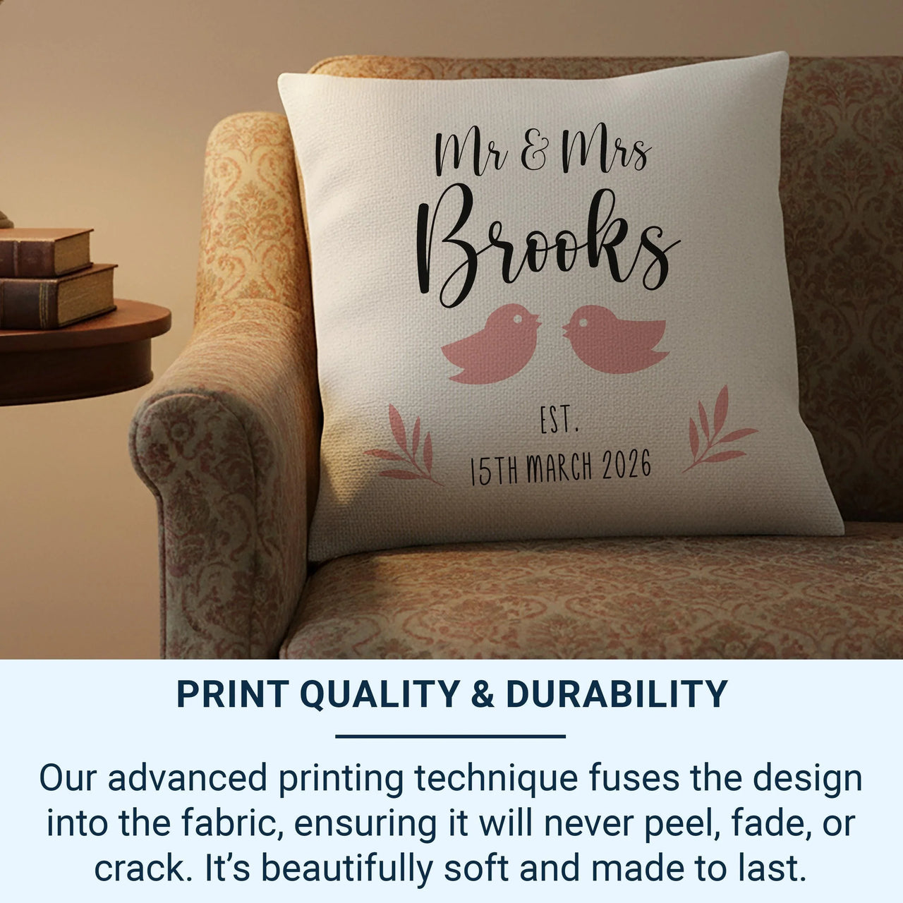 Personalised Mr Mrs Cushion – Romantic Wedding Cushion With Love Birds Pillow DENMARY