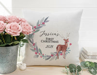 Personalised Baby Christmas Cushion – Custom Name Festive Deer Pillow 40cm