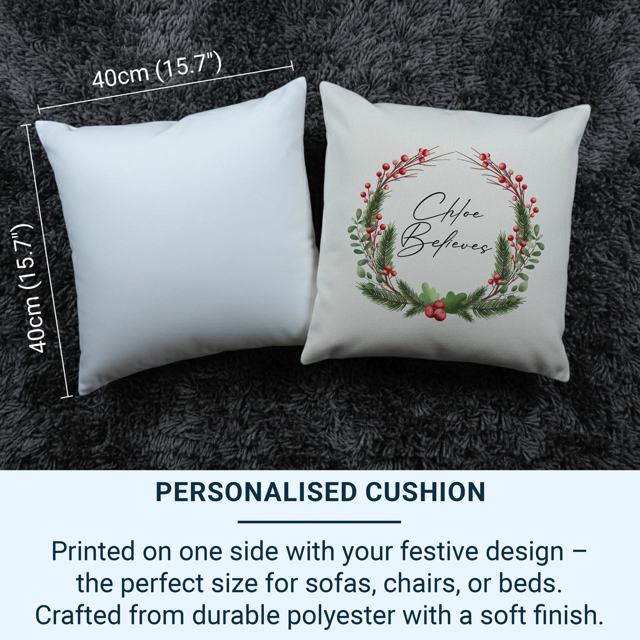 Personalised Christmas Cushion – Festive Seasonal Pillow with Pine Berry Decoration
