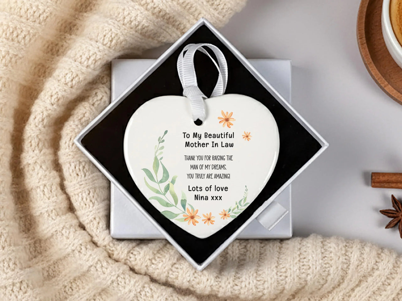 Mother-in-Law Floral Heart Ornament - Wedding Thank You Keepsake with Message