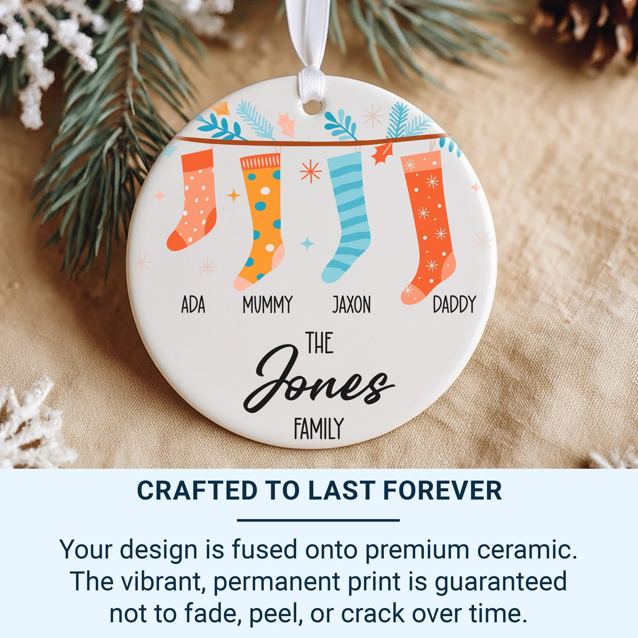 Family Christmas Ornament - Stocking Row with Four Names & Surname