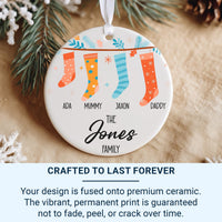 Family Christmas Ornament - Stocking Row with Four Names & Surname