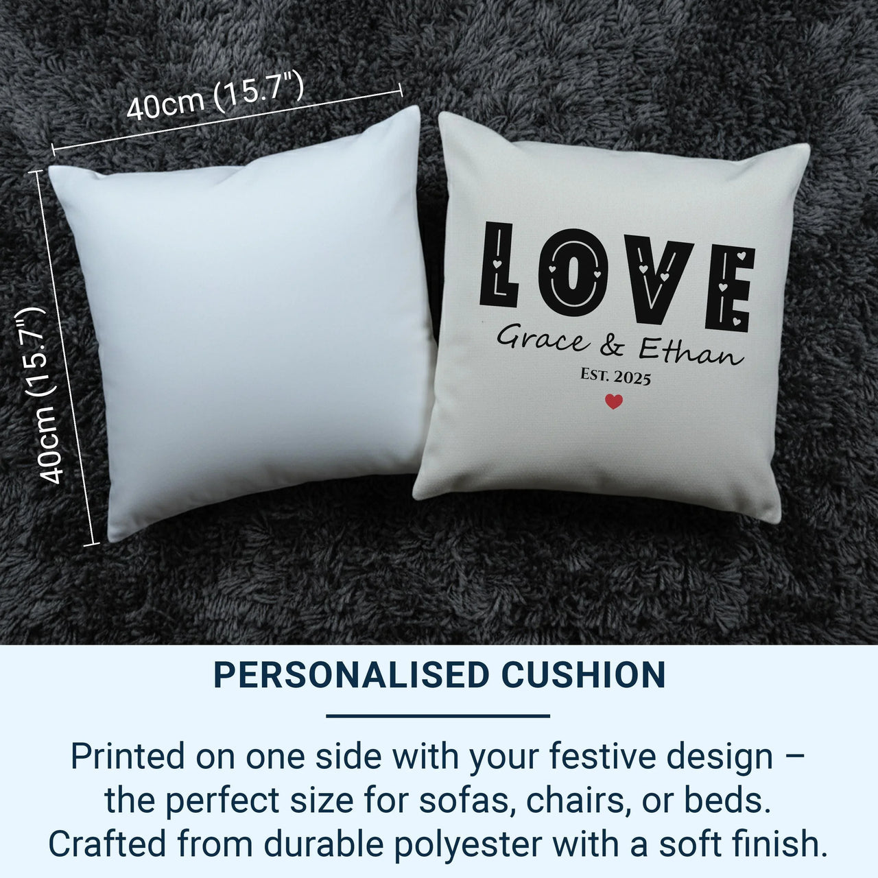Personalised LOVE Cushion - Bold Romantic Keepsake with Names, Date & Heart Design