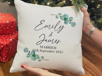 Personalised Just Married Wedding Cushion, Anniversary Gift for Couple, Newlywed Present from Family or Friend, Linen Pillow Case