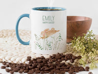 Happy Easter Personalised Name Mug – Watercolour Bunny, Grass and Wildflowers – Spring Basket and Morning Cocoa Gift