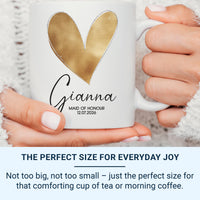 Maid of Honour Mug – Personalised Name and Wedding Date – Elegant Gold Heart Bridal Party Thank_You and Morning_of Keepsake