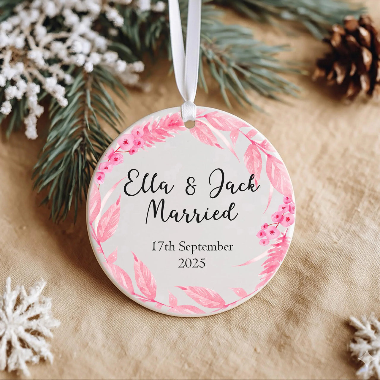 Wedding Day Ornament - Floral Keepsake with Names & Date for Newlywed Couples
