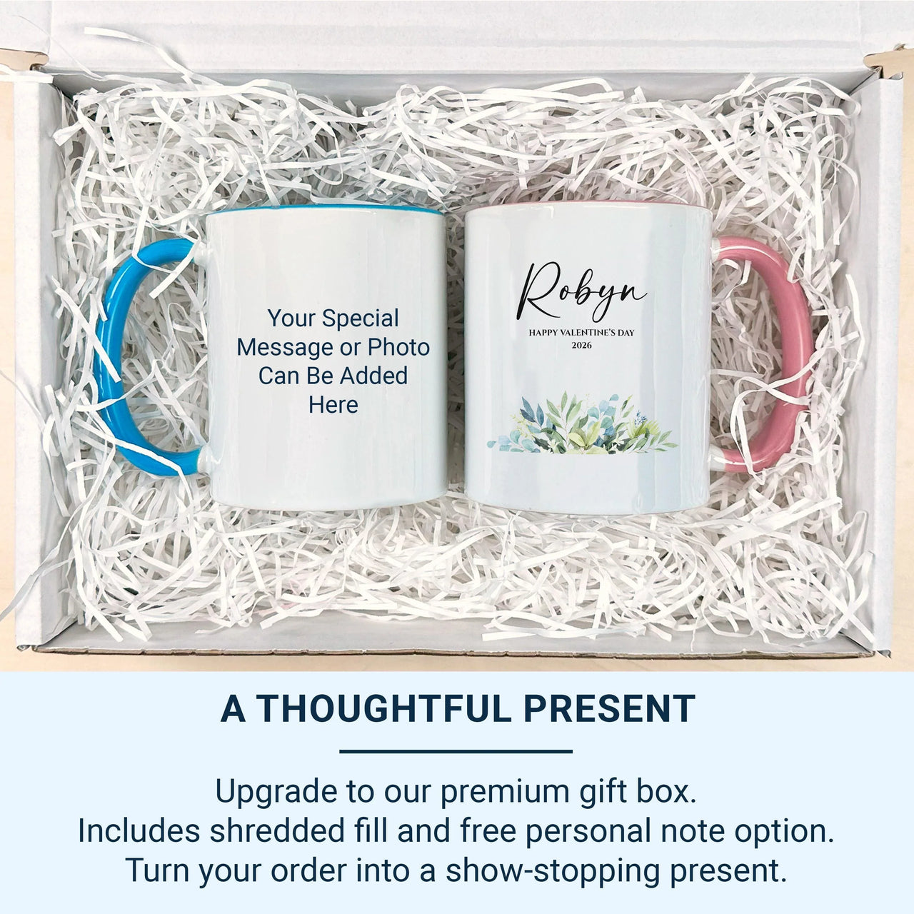 Happy Valentine’s Day 2026 Mug – Personalised Name and Watercolour Leaves – Romantic Couples Gift for Morning Coffee Rituals