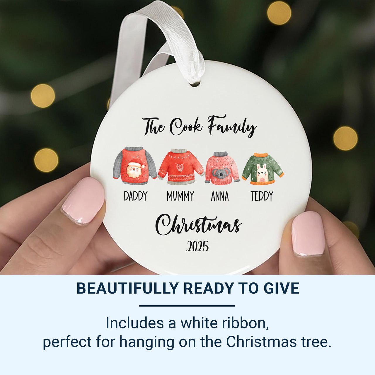 Personalised Christmas Jumper Family Ornament - Ceramic Xmas Tree Bauble - Ugly Sweater Round Hanging Decoration - Family Xmas Keepsake