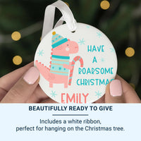 Dinosaur Christmas Ornament - Pink Dino with Candy Cane & Name for Kids
