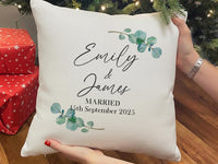 Personalised Just Married Wedding Cushion, Anniversary Gift for Couple, Newlywed Present from Family or Friend, Linen Pillow Case