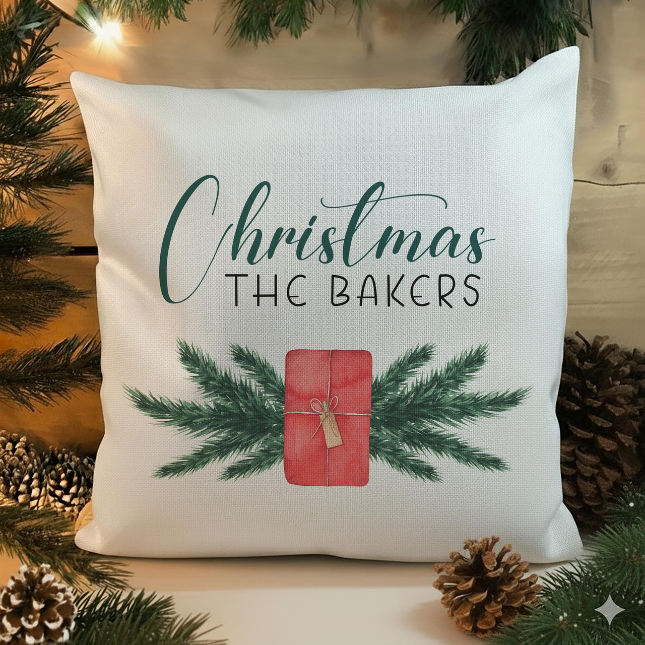 Personalised Family Christmas Cushion - Pine & Gift Design with Family Name
