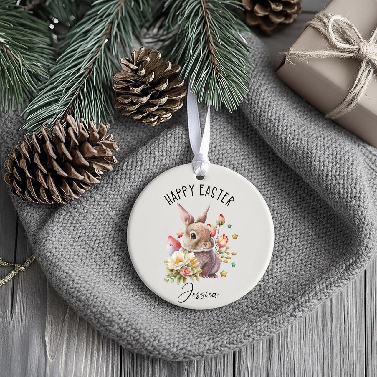 Bunny Easter Ornament - Watercolour Keepsake with Flowers & Name for Children