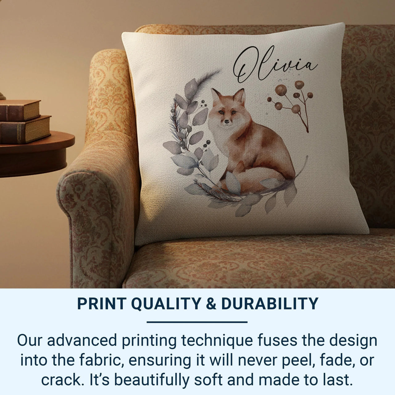 Personalised Fox Cushion – Watercolour Woodland Cushion with Name | Kids Nursery Pillow