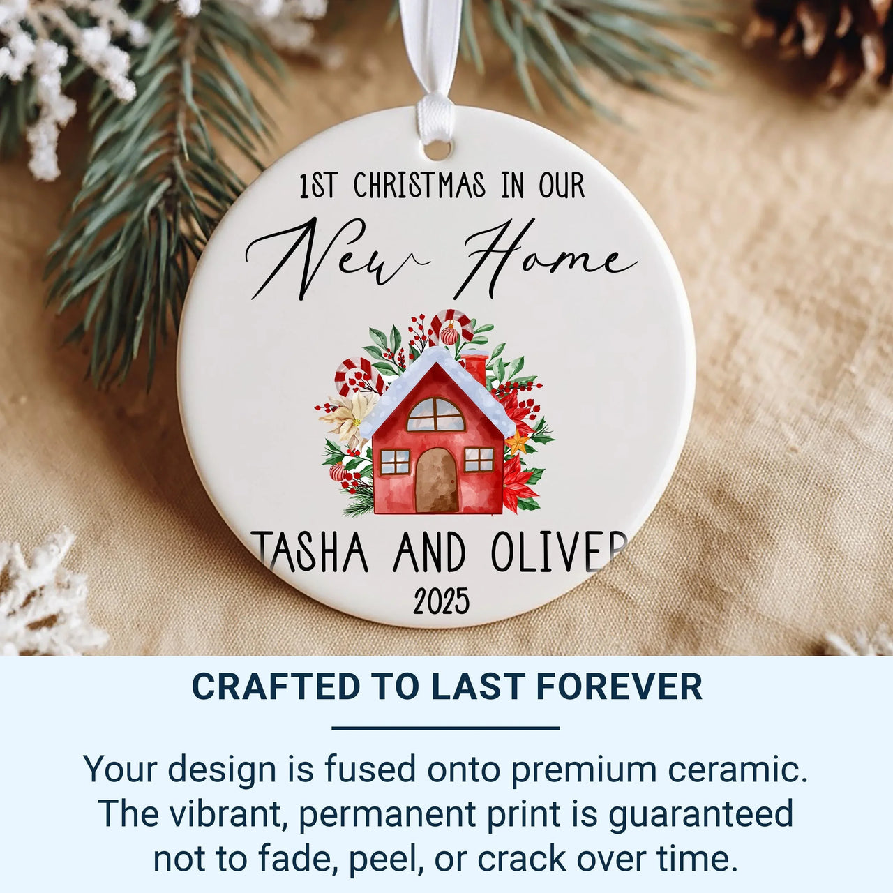 New Home Christmas Ornament 2025 - Red House with Elegant Script & Names