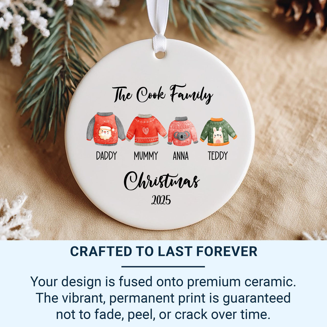 Personalised Christmas Jumper Family Ornament - Ceramic Xmas Tree Bauble - Ugly Sweater Round Hanging Decoration - Family Xmas Keepsake