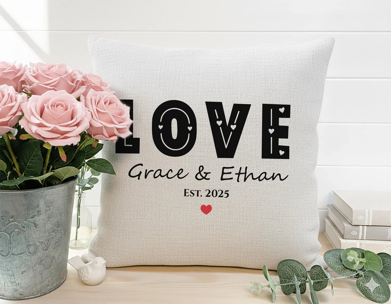 Personalised LOVE Cushion - Bold Romantic Keepsake with Names, Date & Heart Design