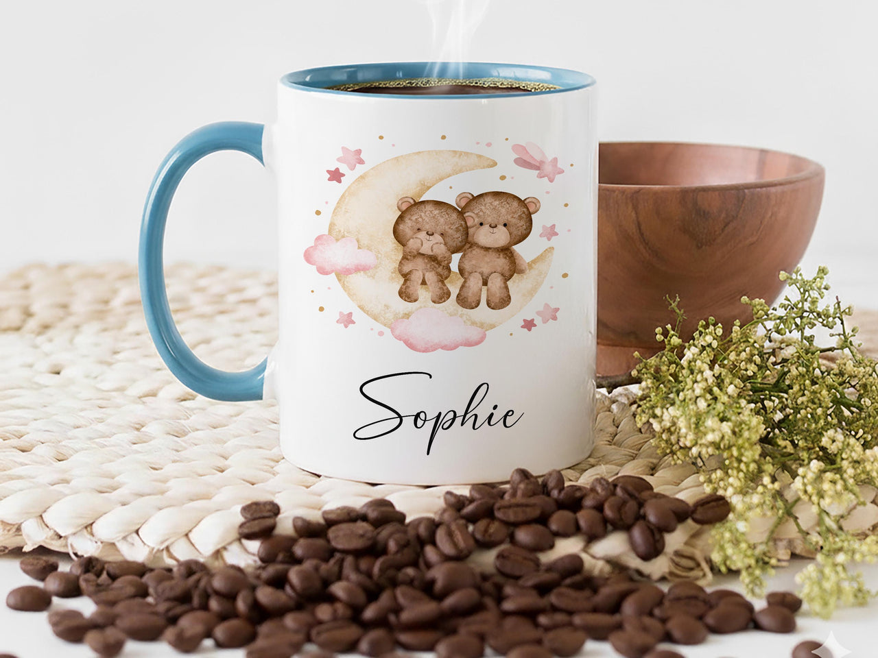 Personalised Baby Name Mug – Moon, Stars and Teddy Bears with Script Name – Dreamy Nursery and New Mum Gift