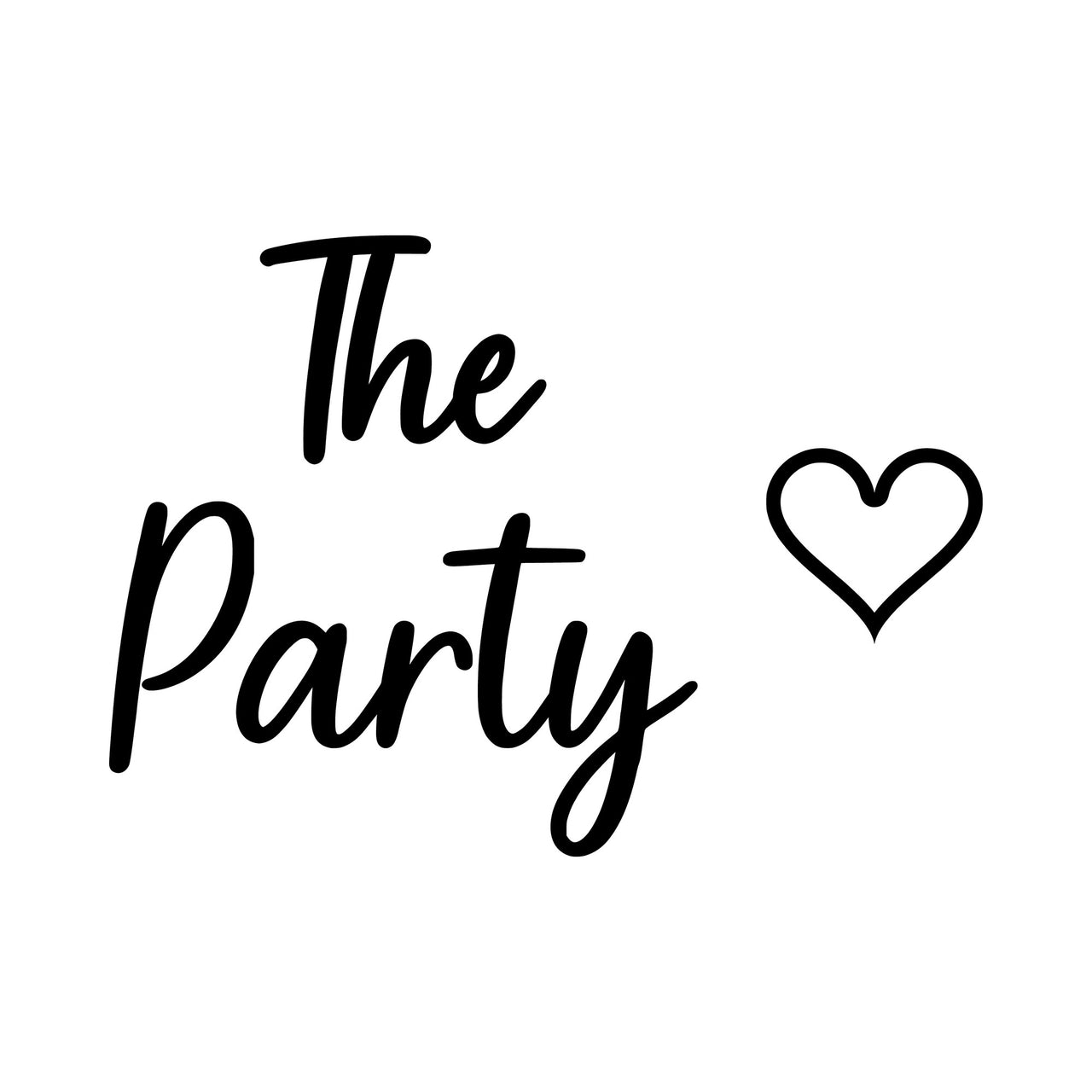'The Party' script iron-on transfer artwork in black on white with an outline heart