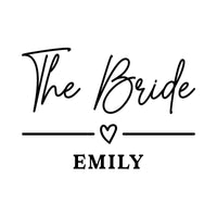 The Bride name iron-on transfer artwork in black on white: script 'The Bride', heart divider and 'EMILY'