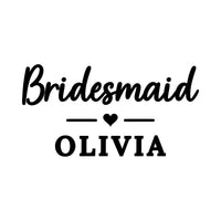 Flat black artwork on white: script 'Bridesmaid', heart divider and 'OLIVIA', personalised iron-on transfer design