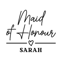 Flat black artwork on white: 'Maid of Honour' in script, heart divider and 'SARAH' name, iron-on transfer design