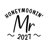Flat black artwork on white: 'HONEYMOONIN' Mr 2027' with wave flourishes, iron-on transfer design