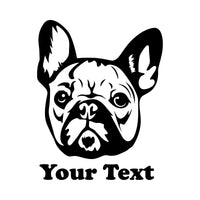 Flat black artwork on white: French Bulldog face with 'Your Text' name line, iron-on transfer design
