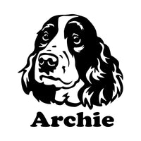 Flat black artwork on white: spaniel head portrait with 'Archie' name below, iron-on transfer design
