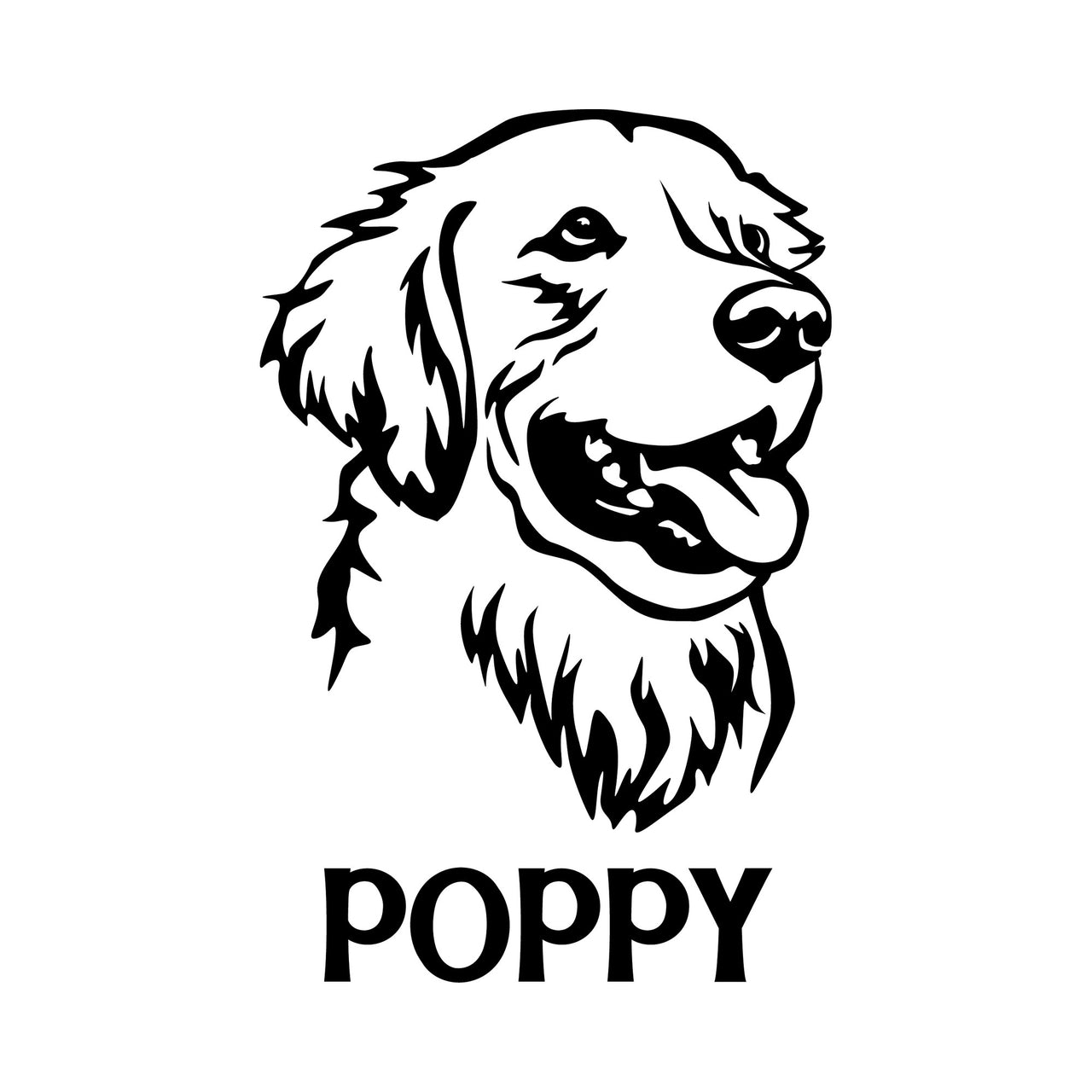 Flat black artwork on white: retriever head line drawing with 'POPPY' name below, iron-on transfer design