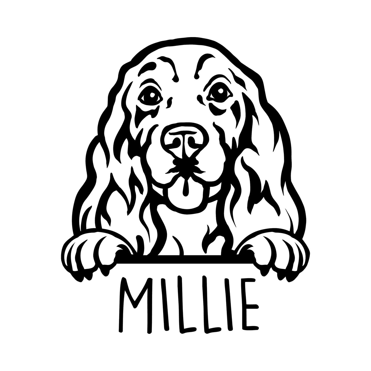 Flat black artwork on white: Cocker Spaniel peeking over a line with name 'MILLIE', iron-on transfer design