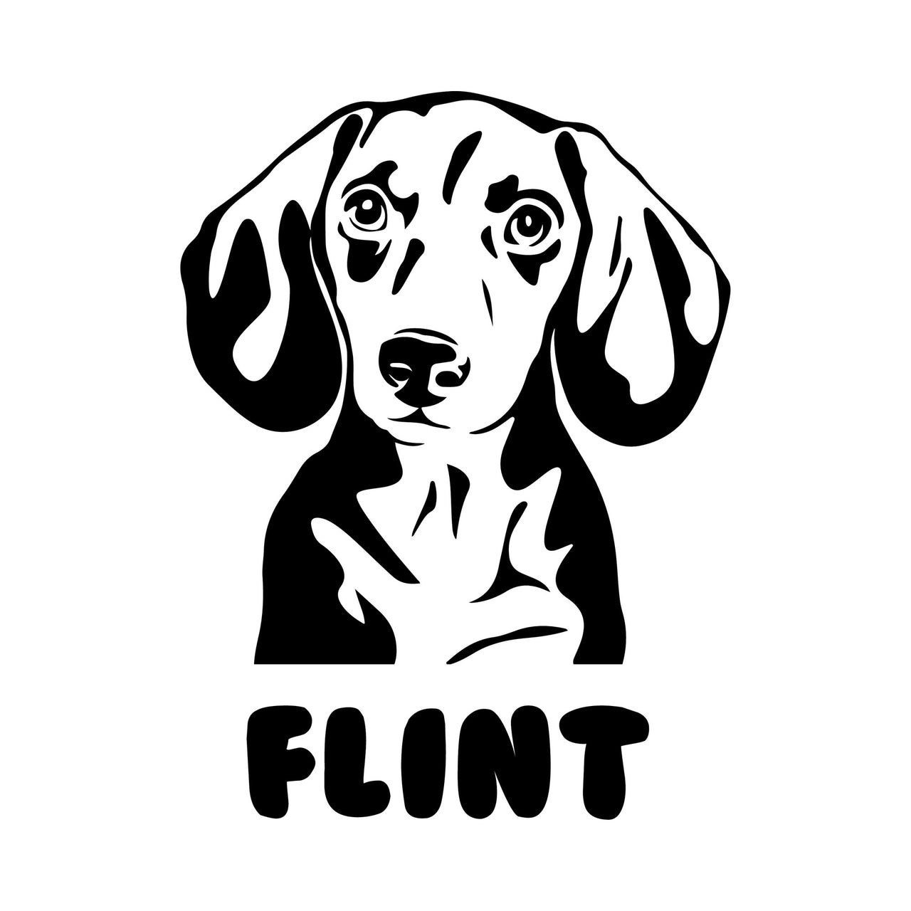 Flat black artwork on white: dachshund portrait with the name 'FLINT' below, personalised pet iron-on transfer design