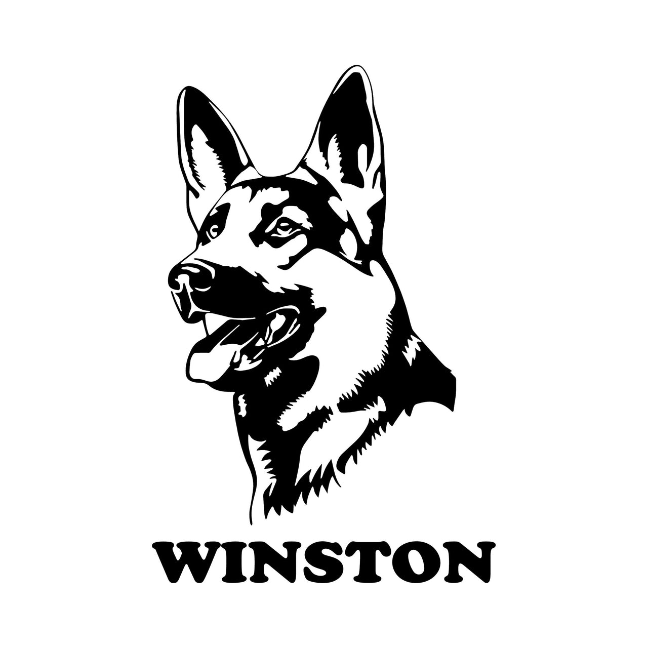 Flat black artwork on white: German Shepherd head portrait above 'WINSTON', personalised pet name iron-on transfer design