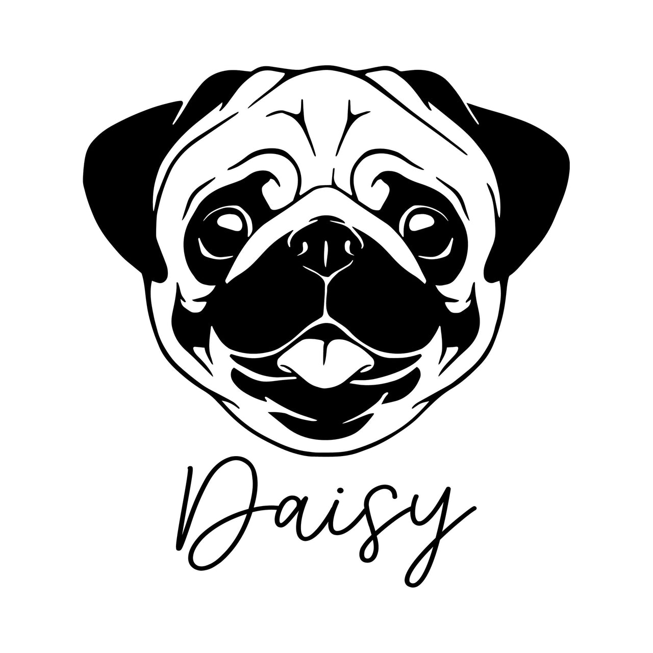 Flat black artwork on white: pug face above 'Daisy' in handwritten script, personalised pet name iron-on transfer design