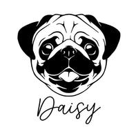 Flat black artwork on white: pug face above 'Daisy' in handwritten script, personalised pet name iron-on transfer design